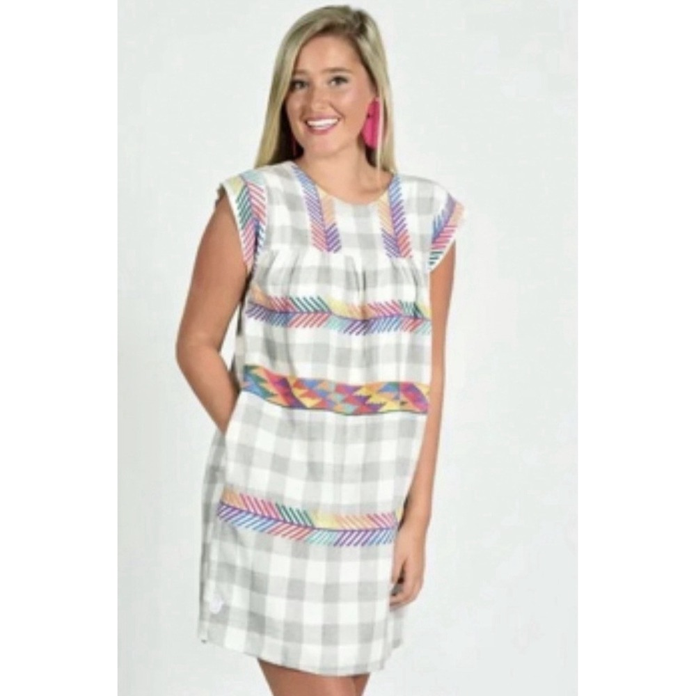 J. Marie Grey Gingham Embroidered Shift Dress JM1218 Womens Large Cap Sleeve